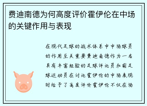 费迪南德为何高度评价霍伊伦在中场的关键作用与表现