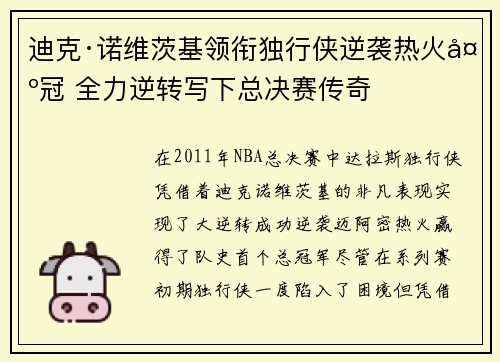 迪克·诺维茨基领衔独行侠逆袭热火夺冠 全力逆转写下总决赛传奇